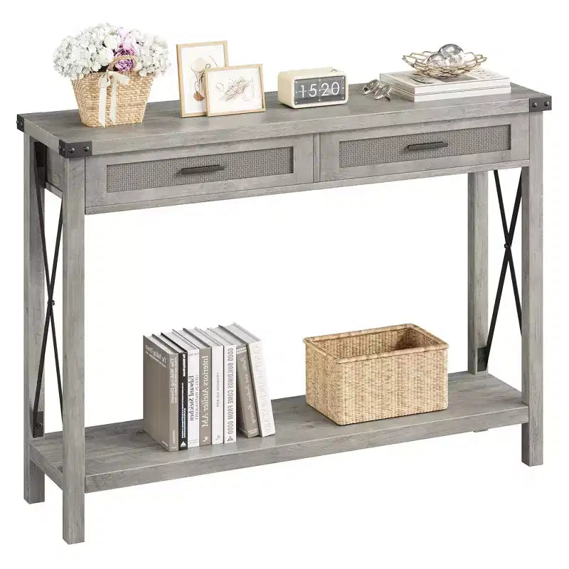 Entryway Table with Rattan Drawers, 43 in Wooden Console Table for Entryway, Sofa Table with Storage for Living Room, Hallway, Foyer