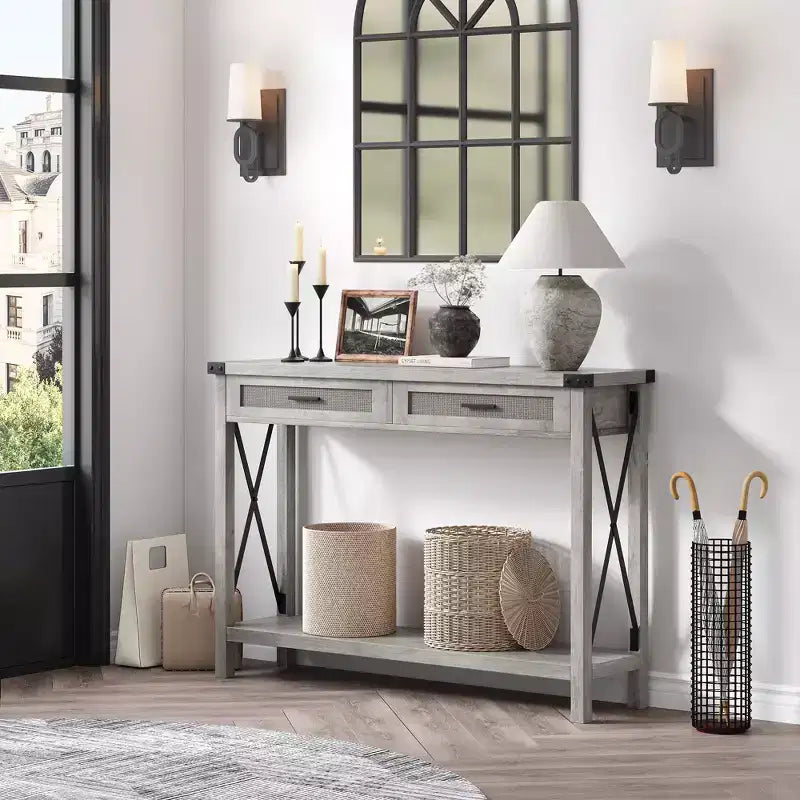 Entryway Table with Rattan Drawers, 43 in Wooden Console Table for Entryway, Sofa Table with Storage for Living Room, Hallway, Foyer