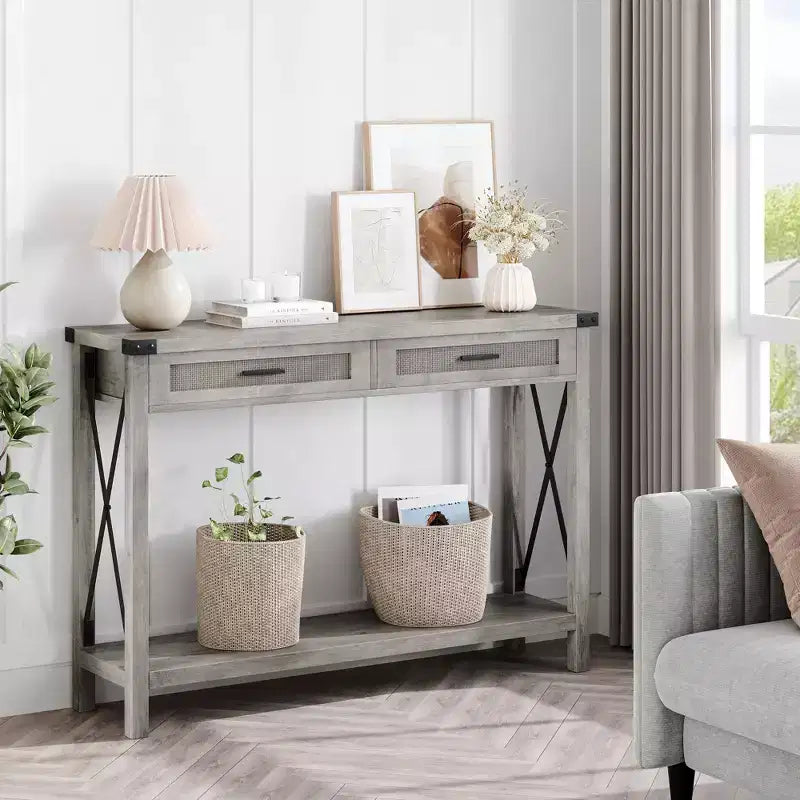 Entryway Table with Rattan Drawers, 43 in Wooden Console Table for Entryway, Sofa Table with Storage for Living Room, Hallway, Foyer