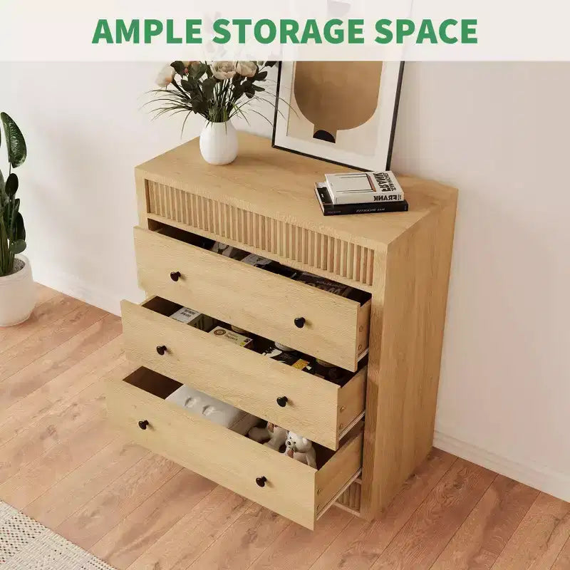 31.5 Wide 3 Drawer Fluted Dresser, Modern Wooden Nightstand & Storage Cabinet, Chest of Drawers for Bedroom, Kids Room, Hallway & Living Room