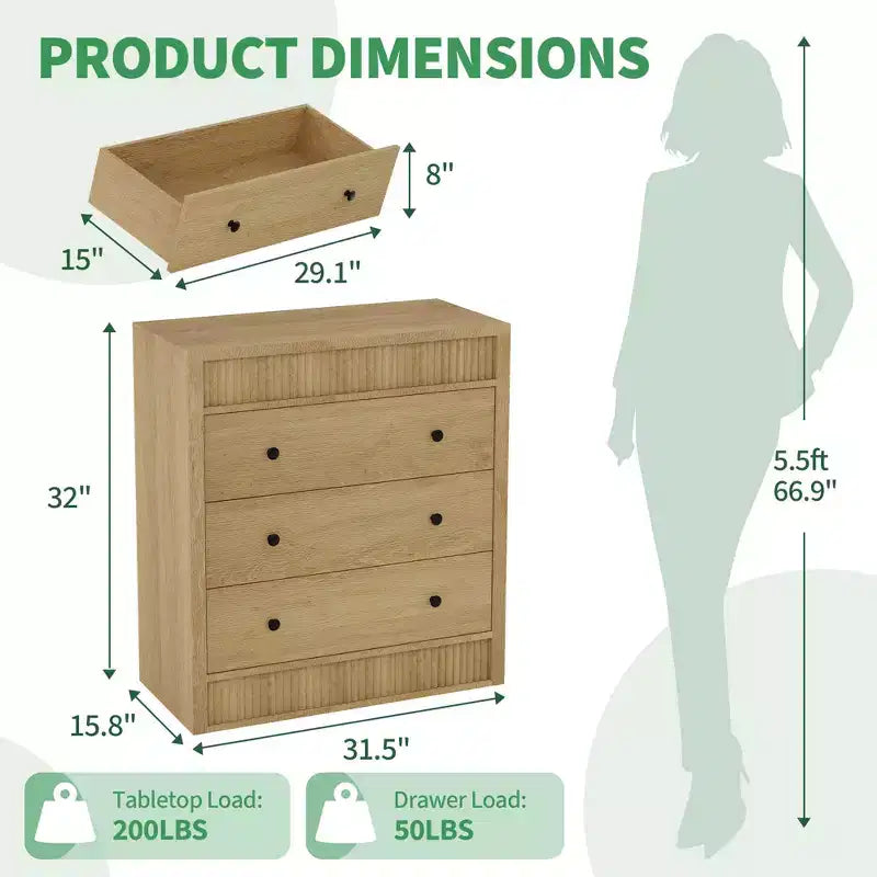 31.5 Wide 3 Drawer Fluted Dresser, Modern Wooden Nightstand & Storage Cabinet, Chest of Drawers for Bedroom, Kids Room, Hallway & Living Room