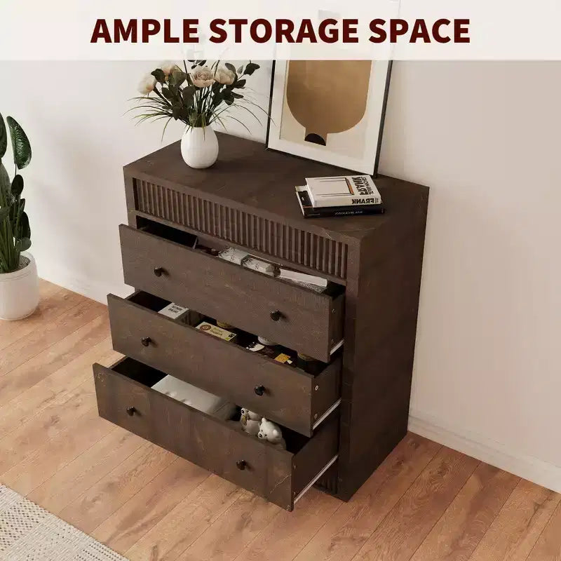 31.5 Wide 3 Drawer Fluted Dresser, Modern Wooden Nightstand & Storage Cabinet, Chest of Drawers for Bedroom, Kids Room, Hallway & Living Room