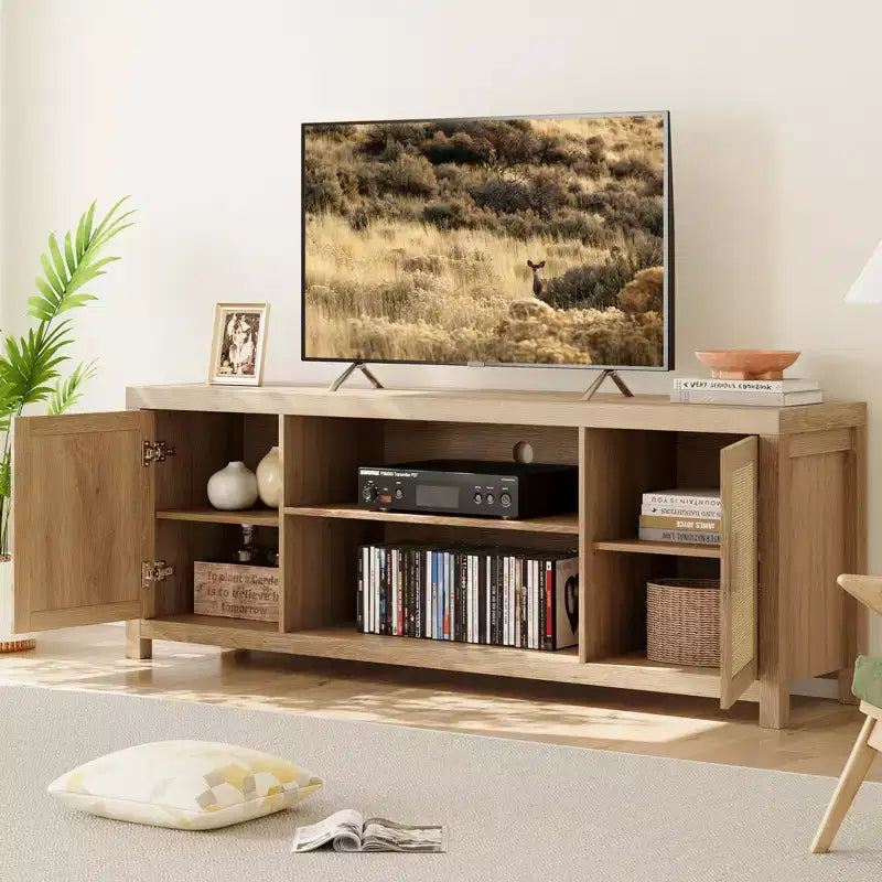 Meuble TV en rotin pour téléviseur 75 pouces, meuble de divertissement bohème avec étagères réglables, meuble TV et multimédia en chêne naturel à 2 niveaux de rangement pour salon chambre