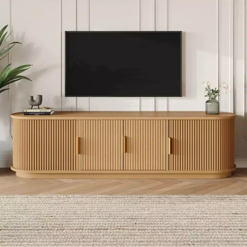 Roy Farmhouse Wooden TV Stand with Sliding Tambour Door and Adjustable Storage