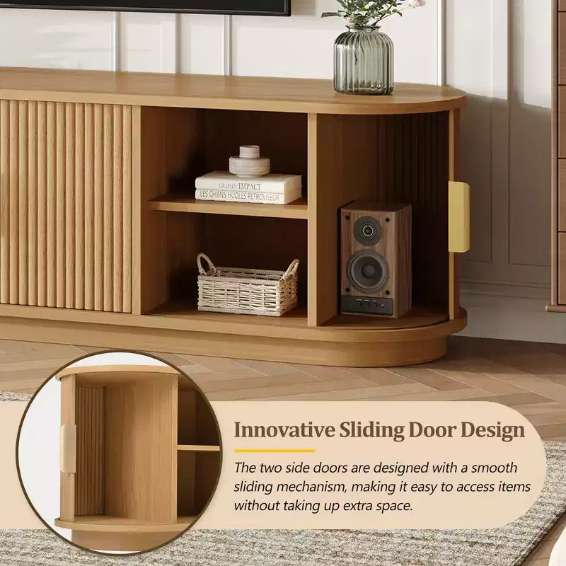 Roy Farmhouse Wooden TV Stand with Sliding Tambour Door and Adjustable Storage