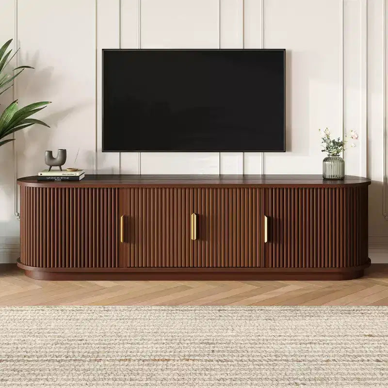 Roy Farmhouse Wooden TV Stand with Sliding Tambour Door and Adjustable Storage