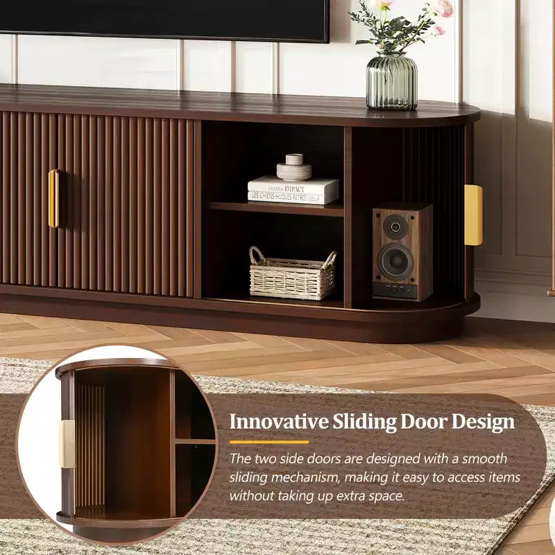 Roy Farmhouse Wooden TV Stand with Sliding Tambour Door and Adjustable Storage