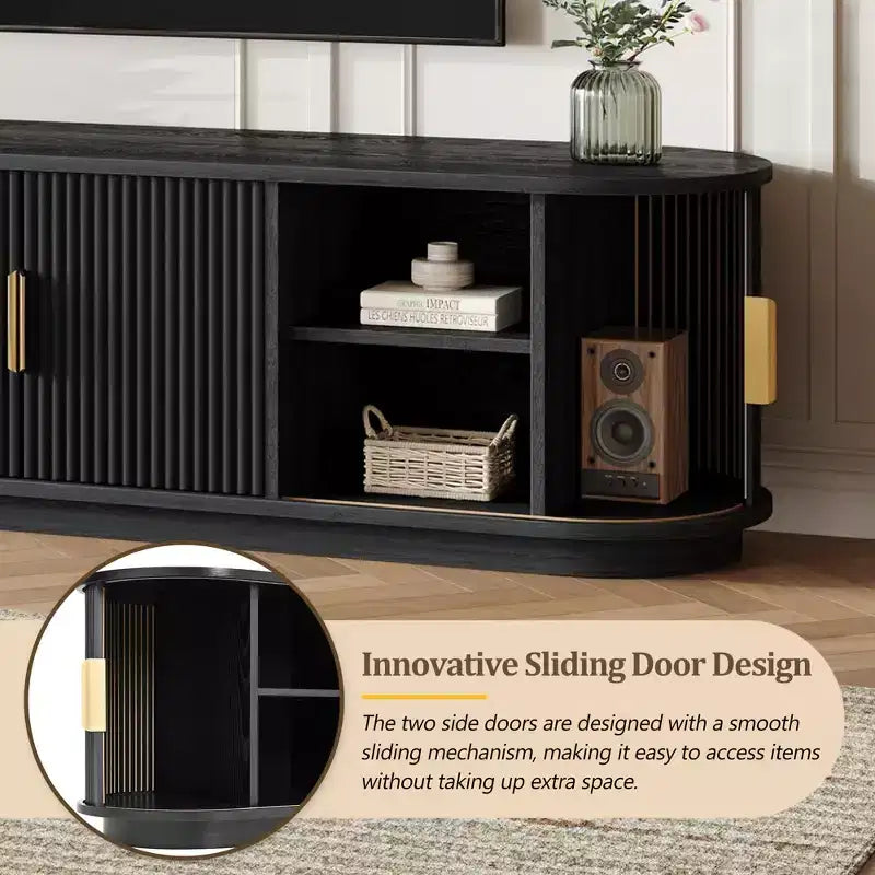 Roy Farmhouse Wooden TV Stand with Sliding Tambour Door and Adjustable Storage