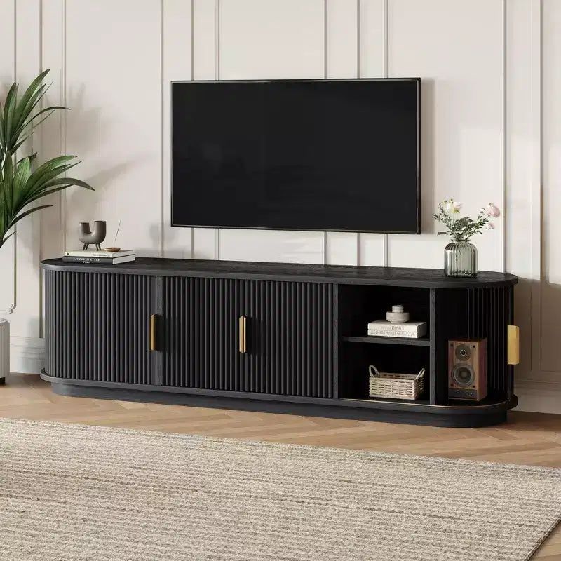Roy Farmhouse Wooden TV Stand with Sliding Tambour Door and Adjustable Storage