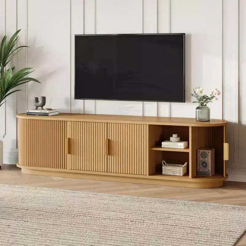Roy Farmhouse Wooden TV Stand with Sliding Tambour Door and Adjustable Storage