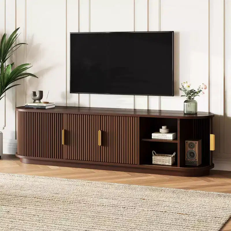 Roy Farmhouse Wooden TV Stand with Sliding Tambour Door and Adjustable Storage