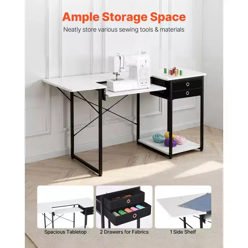 Multipurpose Sewing Machine Table with Drawers, Foldable Side Shelf, Adjustable Shelf, Steel Legs, White