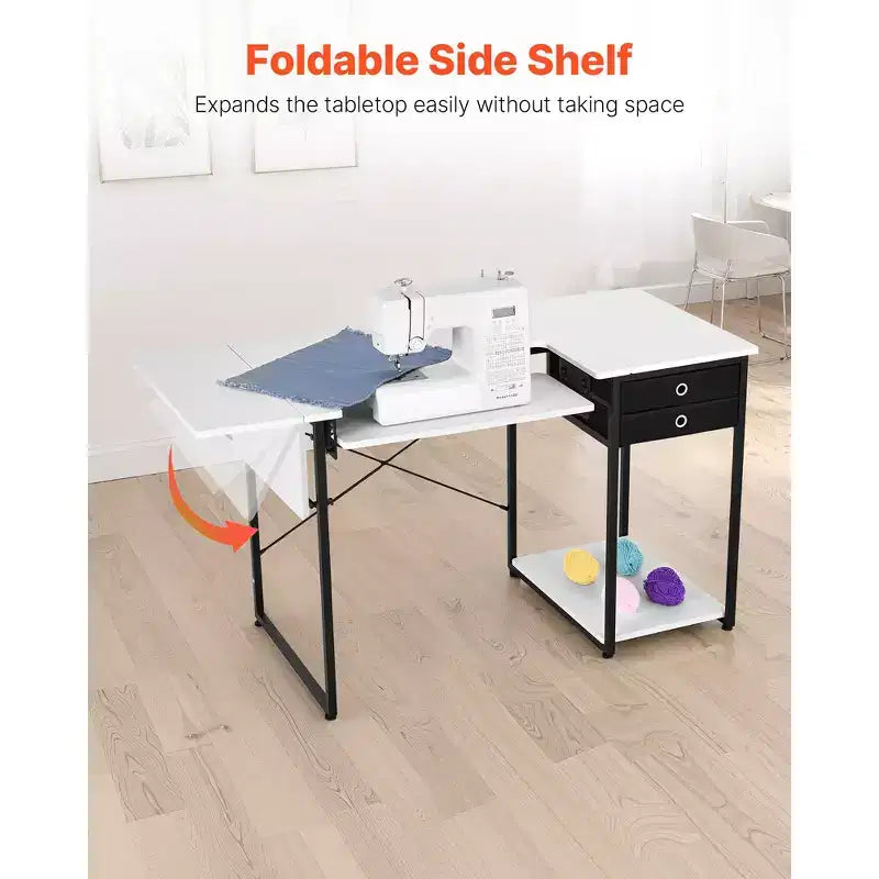 Multipurpose Sewing Machine Table with Drawers, Foldable Side Shelf, Adjustable Shelf, Steel Legs, White