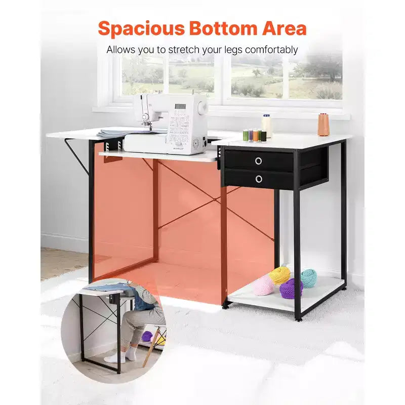 Multipurpose Sewing Machine Table with Drawers, Foldable Side Shelf, Adjustable Shelf, Steel Legs, White