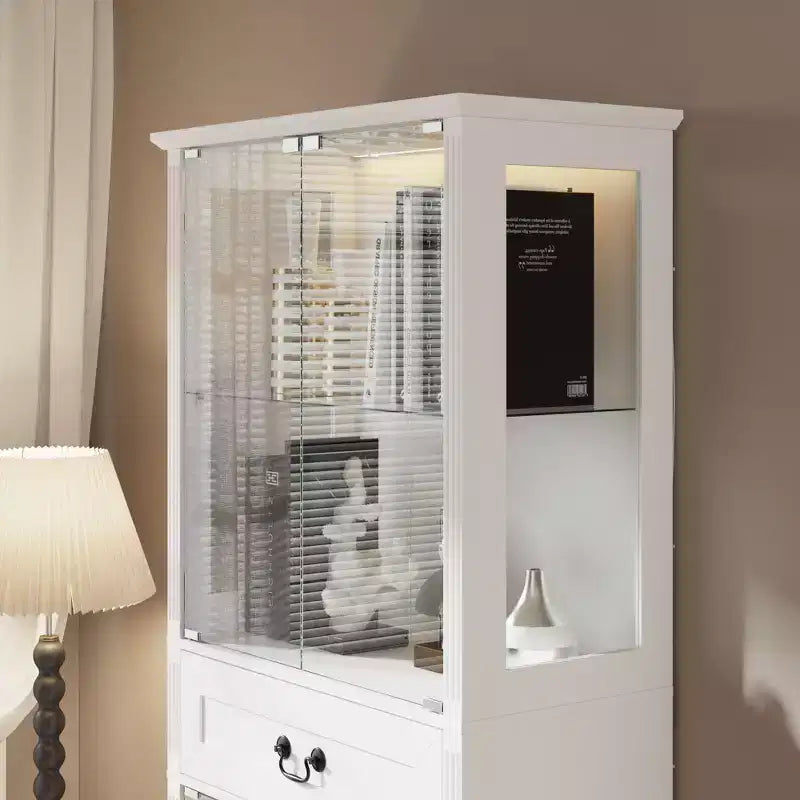 Vitrine bibliothèque en verre autoportante, éclairage RVB 7 couleurs, portes et étagères en verre transparent, meuble de rangement haut avec tiroir