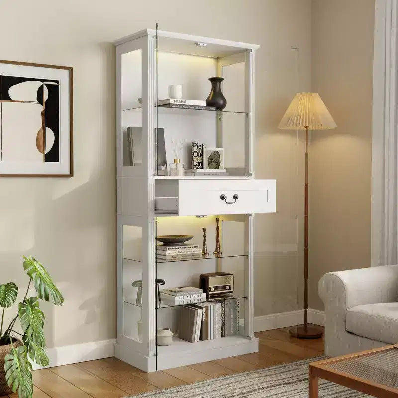 Vitrine bibliothèque en verre autoportante, éclairage RVB 7 couleurs, portes et étagères en verre transparent, meuble de rangement haut avec tiroir