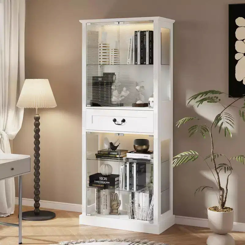 Vitrine bibliothèque en verre autoportante, éclairage RVB 7 couleurs, portes et étagères en verre transparent, meuble de rangement haut avec tiroir