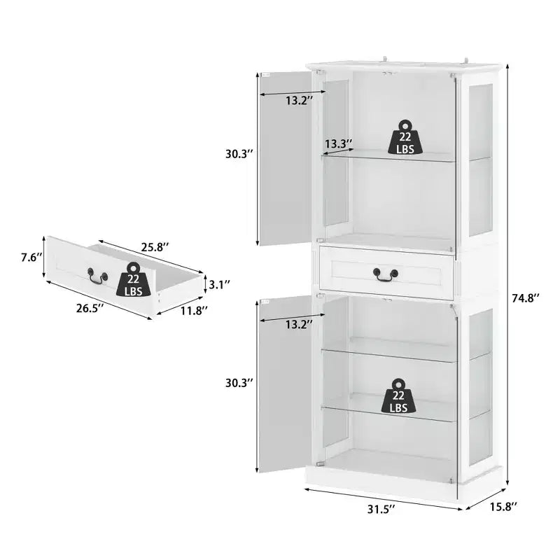 Freestanding Glass Display Bookcase, 7-Color RGB Lighting, Clear Glass Doors & Shelves, Tall Storage Cabinet with Drawer