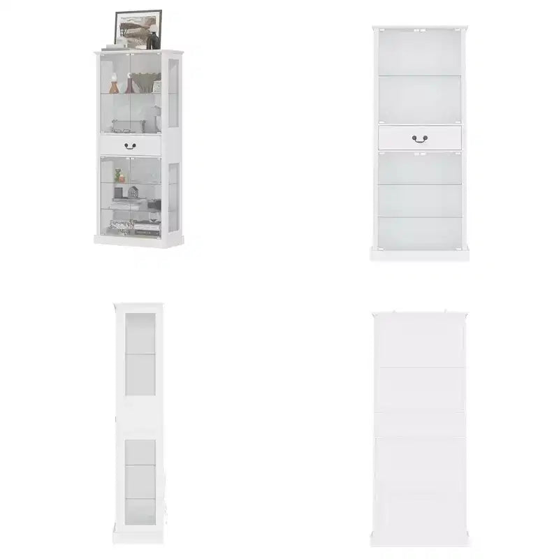 Vitrine bibliothèque en verre autoportante, éclairage RVB 7 couleurs, portes et étagères en verre transparent, meuble de rangement haut avec tiroir