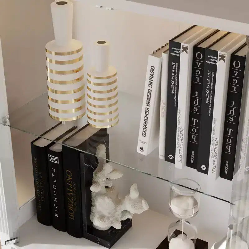 Vitrine bibliothèque en verre autoportante, éclairage RVB 7 couleurs, portes et étagères en verre transparent, meuble de rangement haut avec tiroir
