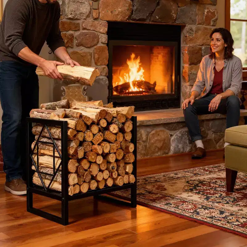 Grand support à bûches robuste de 17,5 pouces en métal, porte-bûches décoratif intérieur/extérieur pour cheminée, terrasse, patio, brasero, barbecue