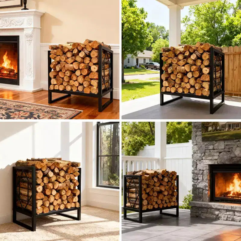 Grand support à bûches robuste de 17,5 pouces en métal, porte-bûches décoratif intérieur/extérieur pour cheminée, terrasse, patio, brasero, barbecue