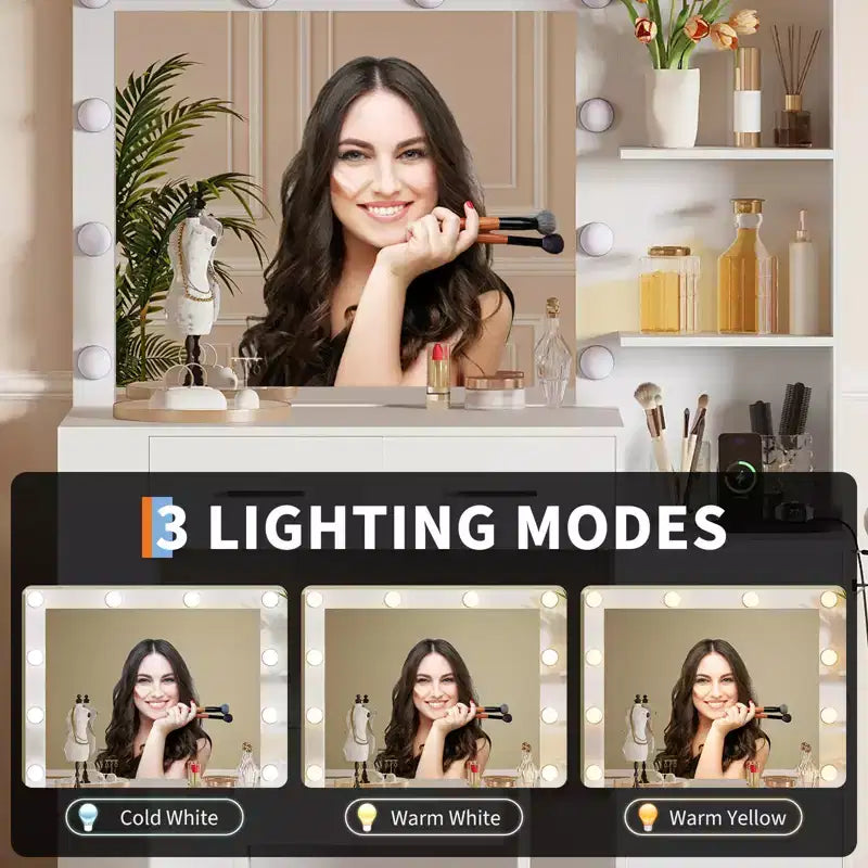 10-Bulb Mirror | Built-in Outlets 41'' Large Vanity Desk with Mirror and 3 Color Lighting Modes - Makeup Desk with Stool and 5 Drawers for Bedroom