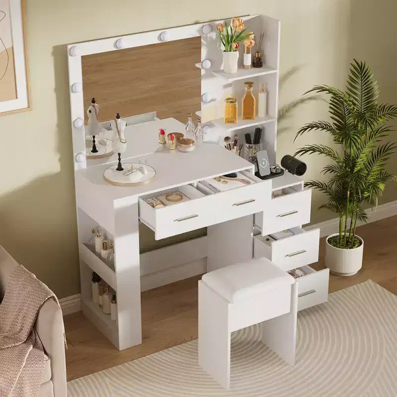 10-Bulb Mirror | Built-in Outlets 41'' Large Vanity Desk with Mirror and 3 Color Lighting Modes - Makeup Desk with Stool and 5 Drawers for Bedroom