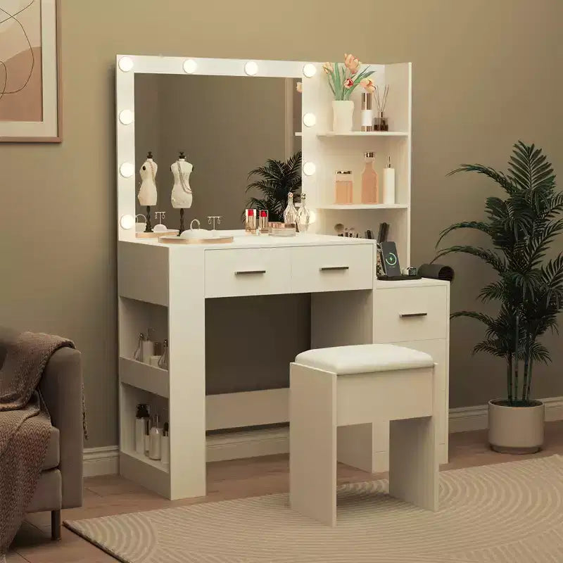 10-Bulb Mirror | Built-in Outlets 41'' Large Vanity Desk with Mirror and 3 Color Lighting Modes - Makeup Desk with Stool and 5 Drawers for Bedroom