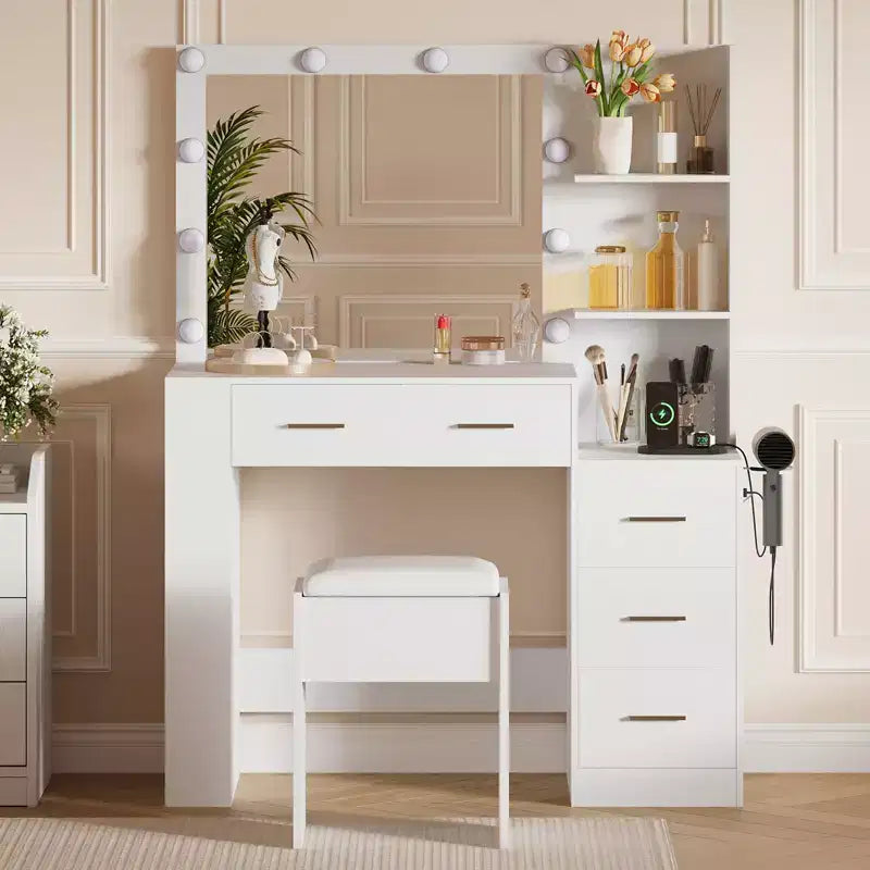 10-Bulb Mirror | Built-in Outlets 41'' Large Vanity Desk with Mirror and 3 Color Lighting Modes - Makeup Desk with Stool and 5 Drawers for Bedroom