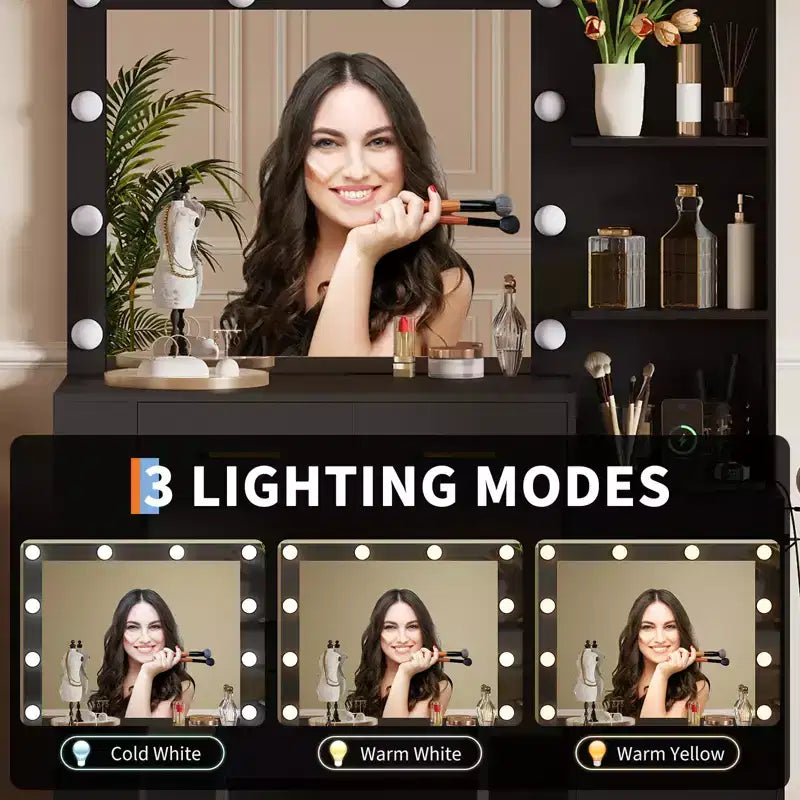 10-Bulb Mirror | Built-in Outlets 41'' Large Vanity Desk with Mirror and 3 Color Lighting Modes - Makeup Desk with Stool and 5 Drawers for Bedroom