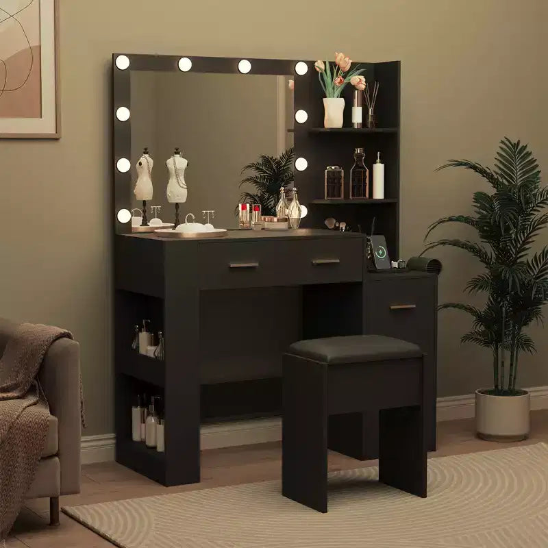 10-Bulb Mirror | Built-in Outlets 41'' Large Vanity Desk with Mirror and 3 Color Lighting Modes - Makeup Desk with Stool and 5 Drawers for Bedroom