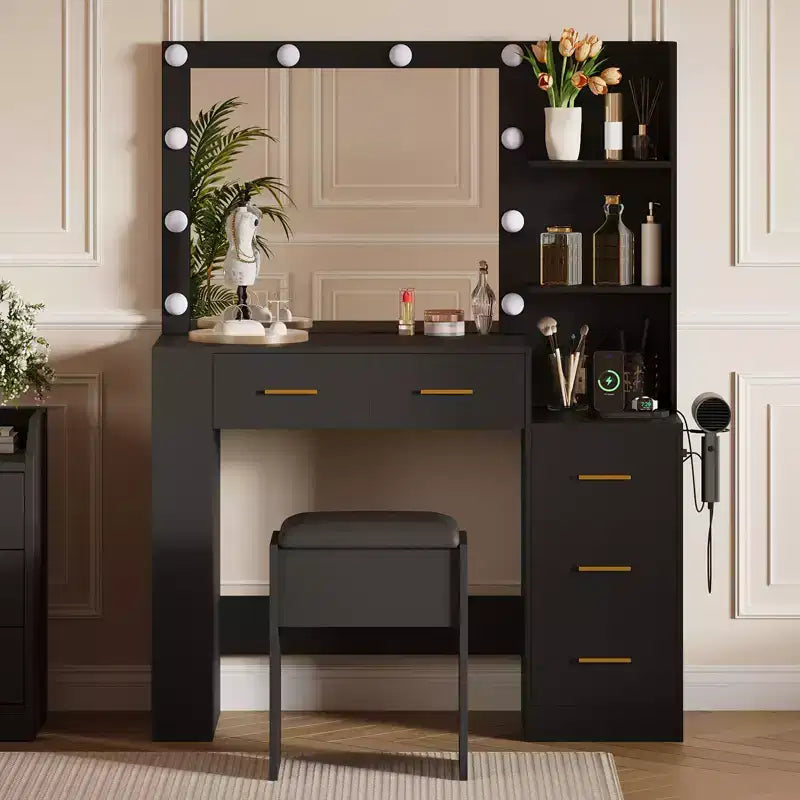 10-Bulb Mirror | Built-in Outlets 41'' Large Vanity Desk with Mirror and 3 Color Lighting Modes - Makeup Desk with Stool and 5 Drawers for Bedroom