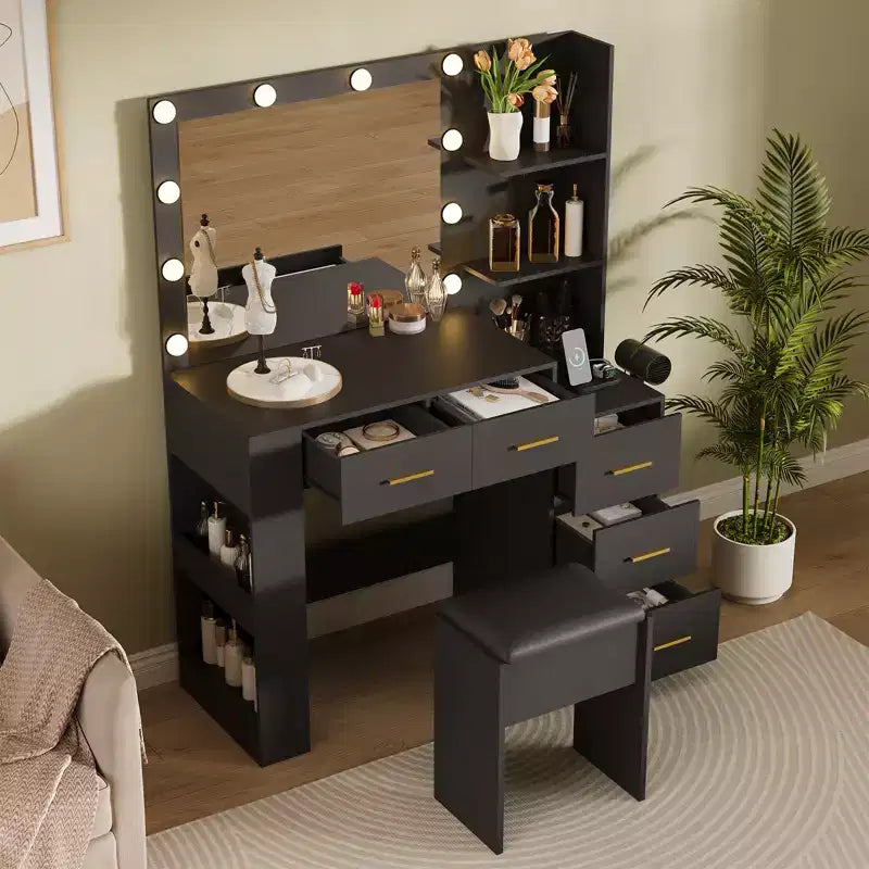 10-Bulb Mirror | Built-in Outlets 41'' Large Vanity Desk with Mirror and 3 Color Lighting Modes - Makeup Desk with Stool and 5 Drawers for Bedroom