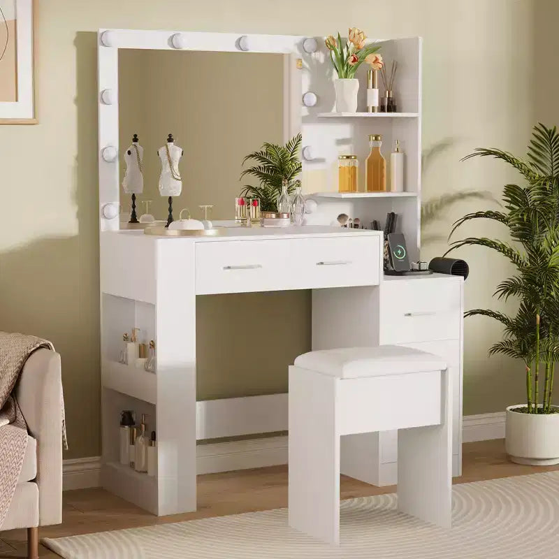 10-Bulb Mirror | Built-in Outlets 41'' Large Vanity Desk with Mirror and 3 Color Lighting Modes - Makeup Desk with Stool and 5 Drawers for Bedroom