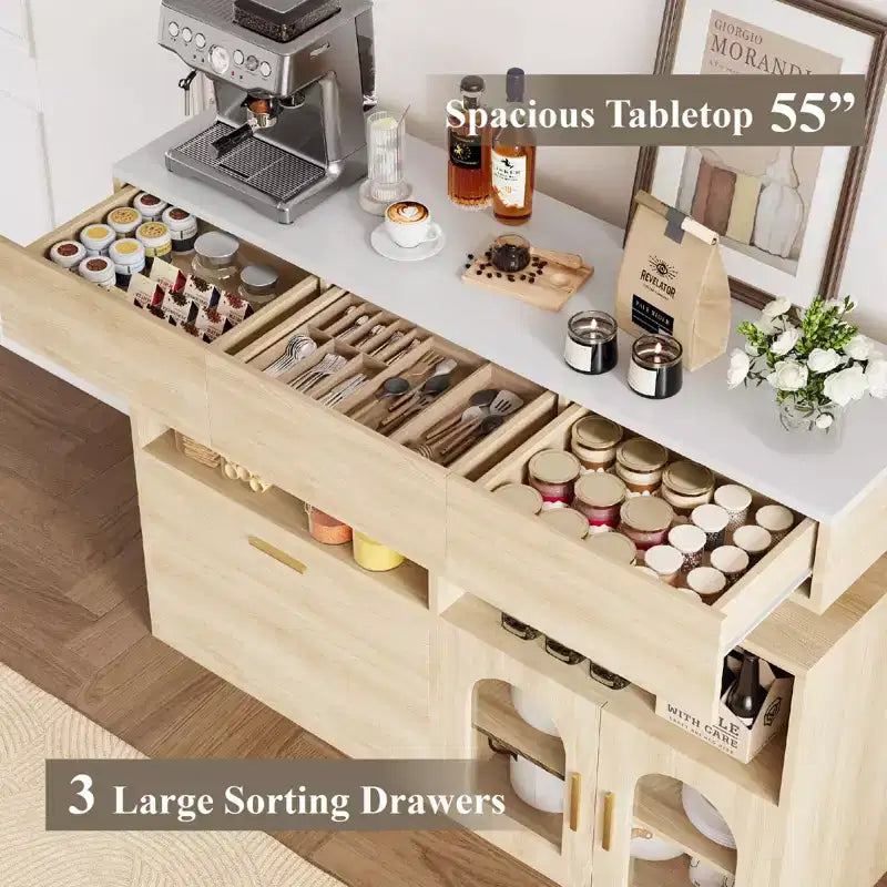Wood Coffee Bar Cabinet with 3 Drawers & Adjustable Shelf - Kitchen Storage Sideboard Buffet Table for Dining Room, Living Room & Kitchen