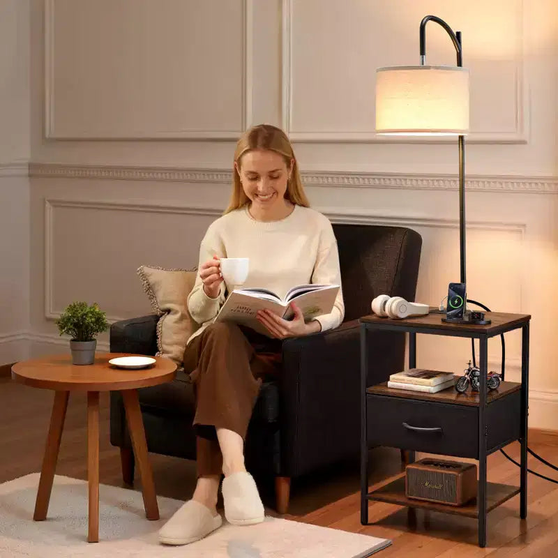 Floor Lamp with Table, 3-Tier End Table with Drawer and 3 Color Temperature Lighting, Modern Side Nightstand with USB, Brown & Black