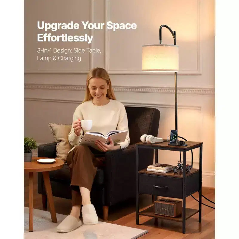 Floor Lamp with Table, 3-Tier End Table with Drawer and 3 Color Temperature Lighting, Modern Side Nightstand with USB, Brown & Black