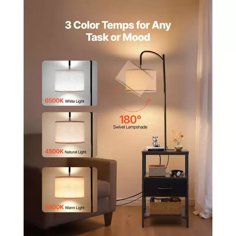 Floor Lamp with Table, 3-Tier End Table with Drawer and 3 Color Temperature Lighting, Modern Side Nightstand with USB, Brown & Black