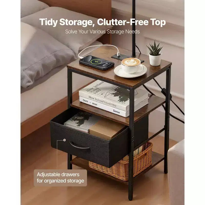 Floor Lamp with Table, 3-Tier End Table with Drawer and 3 Color Temperature Lighting, Modern Side Nightstand with USB, Brown & Black