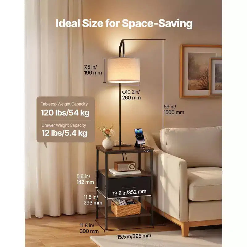 Floor Lamp with Table, 3-Tier End Table with Drawer and 3 Color Temperature Lighting, Modern Side Nightstand with USB, Brown & Black