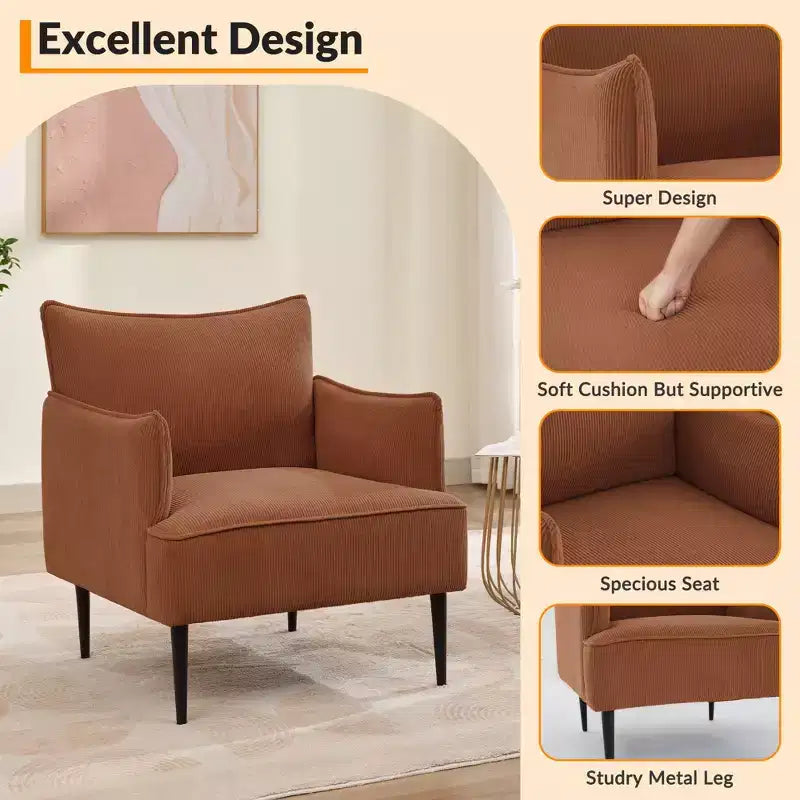Mid Century Accent Chair, Living Room Chair Armchair Fabric Modern Sofa Small Couch with Two Arms and Metal Legs for Bedroom, Office, Study Room