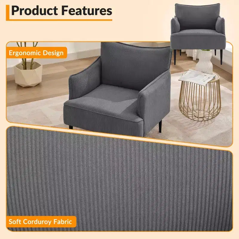 Mid Century Accent Chair, Living Room Chair Armchair Fabric Modern Sofa Small Couch with Two Arms and Metal Legs for Bedroom, Office, Study Room