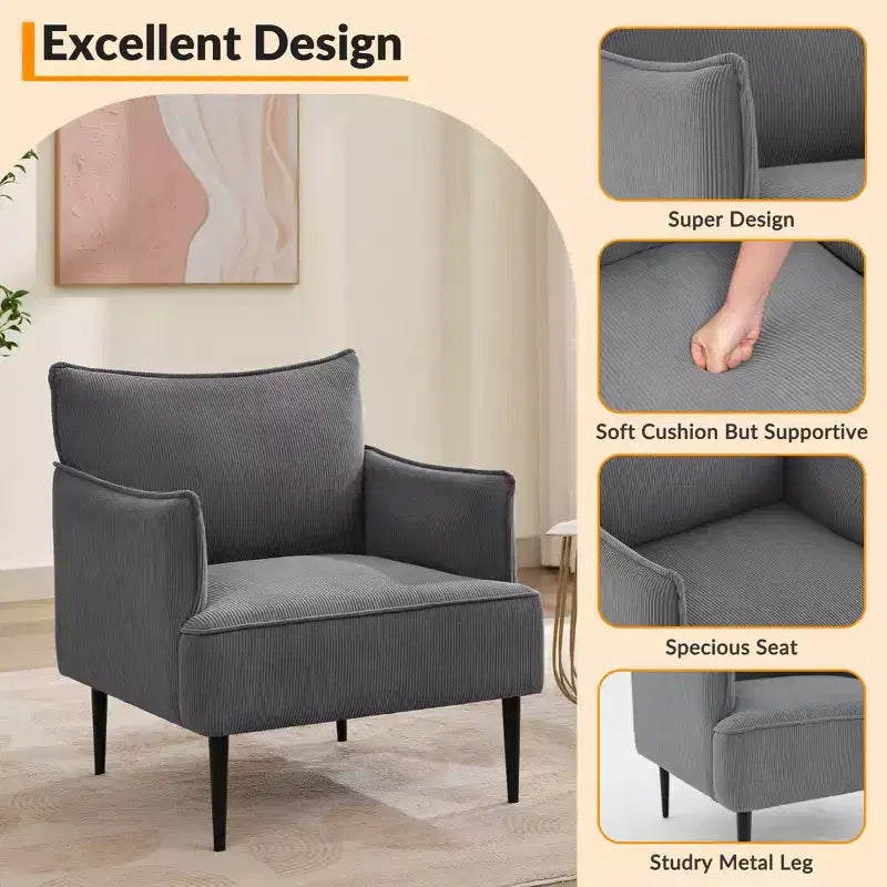 Mid Century Accent Chair, Living Room Chair Armchair Fabric Modern Sofa Small Couch with Two Arms and Metal Legs for Bedroom, Office, Study Room