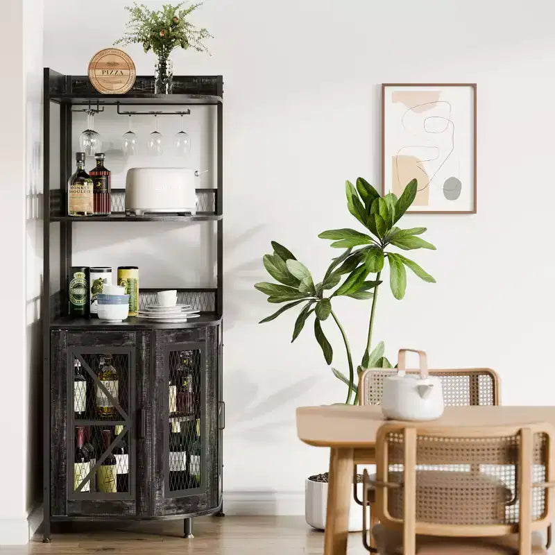 5-Tiers Corner Bar Cabinet with Power Outlet, Industrial Tall Wine Cabinet with LED Lights, Glass Holder, Storage, for Living Room/Kitchen