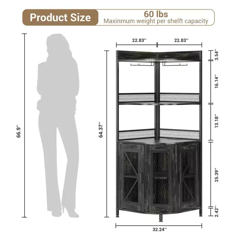 5-Tiers Corner Bar Cabinet with Power Outlet, Industrial Tall Wine Cabinet with LED Lights, Glass Holder, Storage, for Living Room/Kitchen