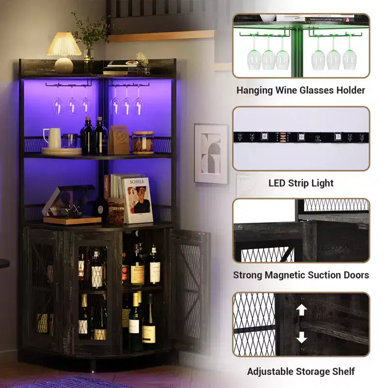 5-Tiers Corner Bar Cabinet with Power Outlet, Industrial Tall Wine Cabinet with LED Lights, Glass Holder, Storage, for Living Room/Kitchen