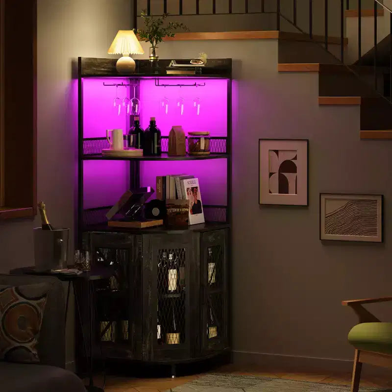 5-Tiers Corner Bar Cabinet with Power Outlet, Industrial Tall Wine Cabinet with LED Lights, Glass Holder, Storage, for Living Room/Kitchen