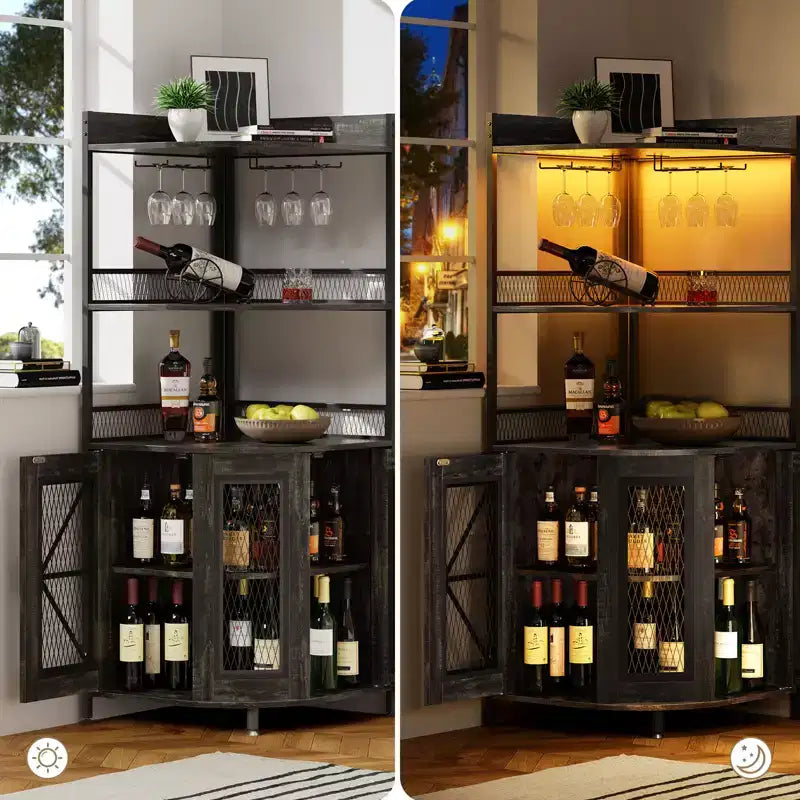 5-Tiers Corner Bar Cabinet with Power Outlet, Industrial Tall Wine Cabinet with LED Lights, Glass Holder, Storage, for Living Room/Kitchen