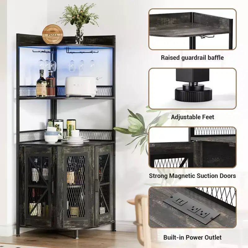 5-Tiers Corner Bar Cabinet with Power Outlet, Industrial Tall Wine Cabinet with LED Lights, Glass Holder, Storage, for Living Room/Kitchen